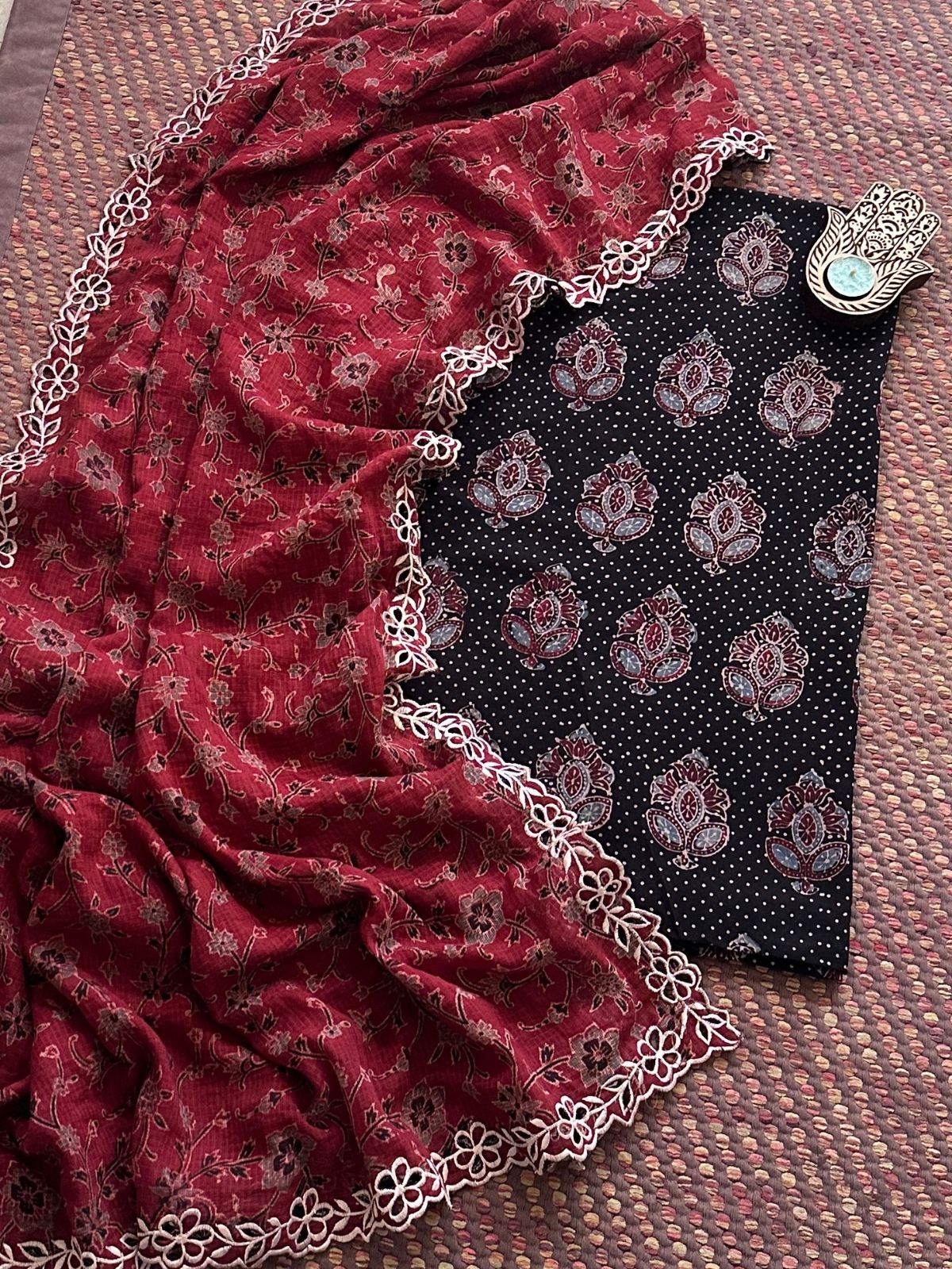 Pure Cotton Malmal Handblock Fabric in Ajrak with Cutwork Embroidered Dupatta